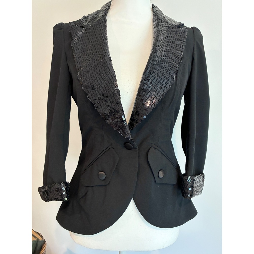 Black Sequin Blazer Women Size Small Stretch Tuxedo Jacket - Picture 2 of 10